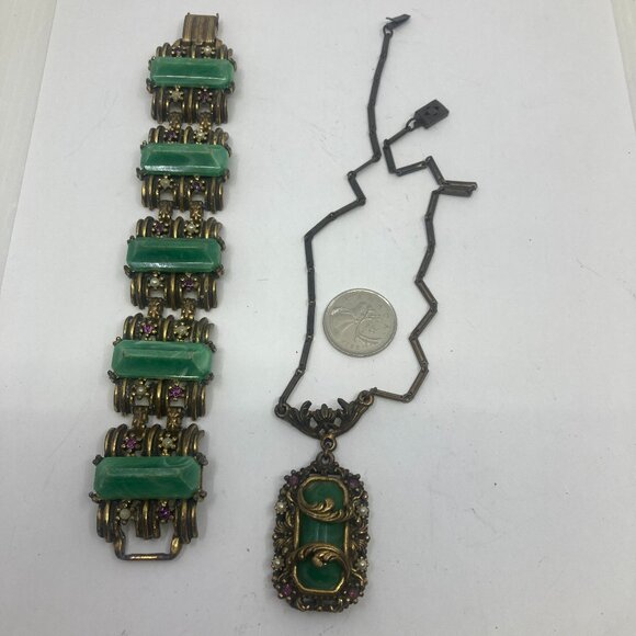 Vtg SELRO SELINI ? chunky rhinestone lucite faux pearl green bracelet necklace - Picture 1 of 3